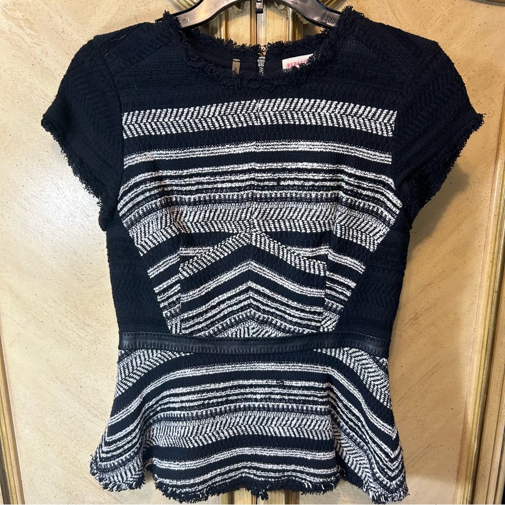 Rebecca Taylor Black White Tweed Leather Fringe Trim Zip Back Peplum Top